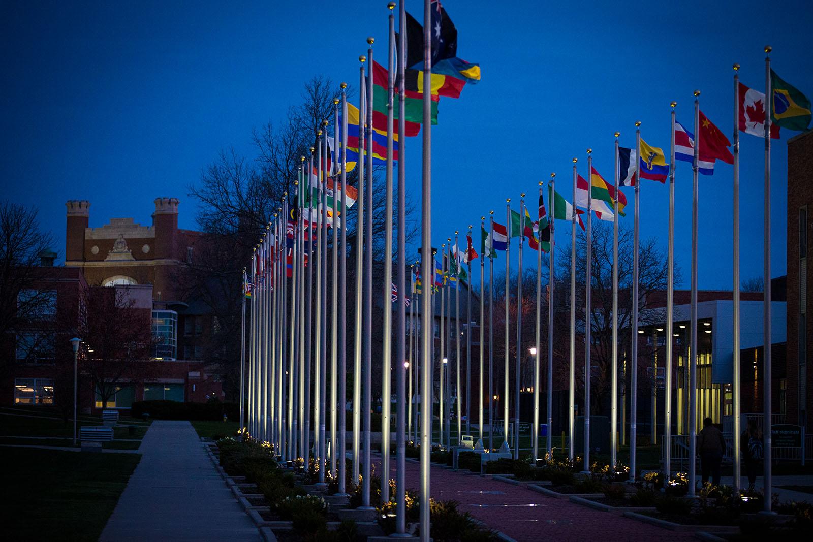 The 乔伊斯 and Harvey White 国际广场, modeled after the United Nations flag plaza in New York City, is a symbol of Northwest's commitment to international understanding and cooperation.